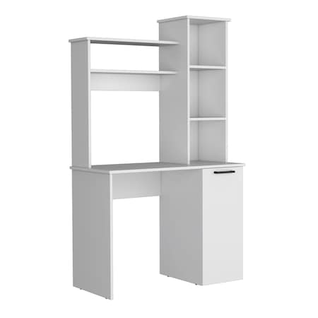 Carson Computer Desk With Hutch. Single Door Cabinet.  And 3-Tier Storage Shelves-White